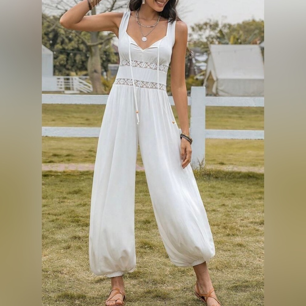 Women's White Sleeveless Lace-Panel Jumpsuit